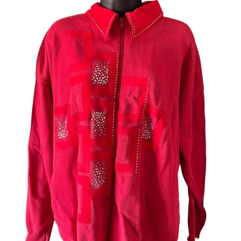 Vintage RSB Women's 1X Red Knit Jacket Rhinestone Embellished Mid-Length velvet